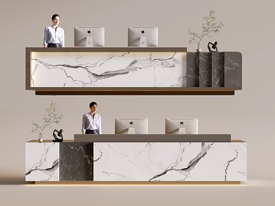Modern Reception Desk with Marble Countertop Computer Monitors Staff and Green Plants 3d model
