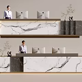 Modern Reception Desk with Marble Countertop Computer Monitors Staff and Green Plants