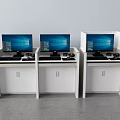 Three White Office Desks With Computer Monitors Keyboards Mice And Cabinets 3d model