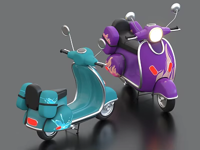 Vibrant Blue and Purple Retro Scooters With Decorative Patterns Black Seats and Rearview Mirrors 3d model