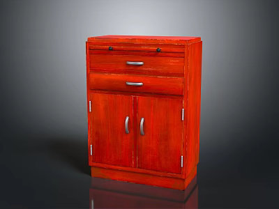 Classic Red Wooden Cabinet Featuring Two Drawers And Double Doors With Handles 3d model