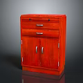 Classic Red Wooden Cabinet Featuring Two Drawers And Double Doors With Handles
