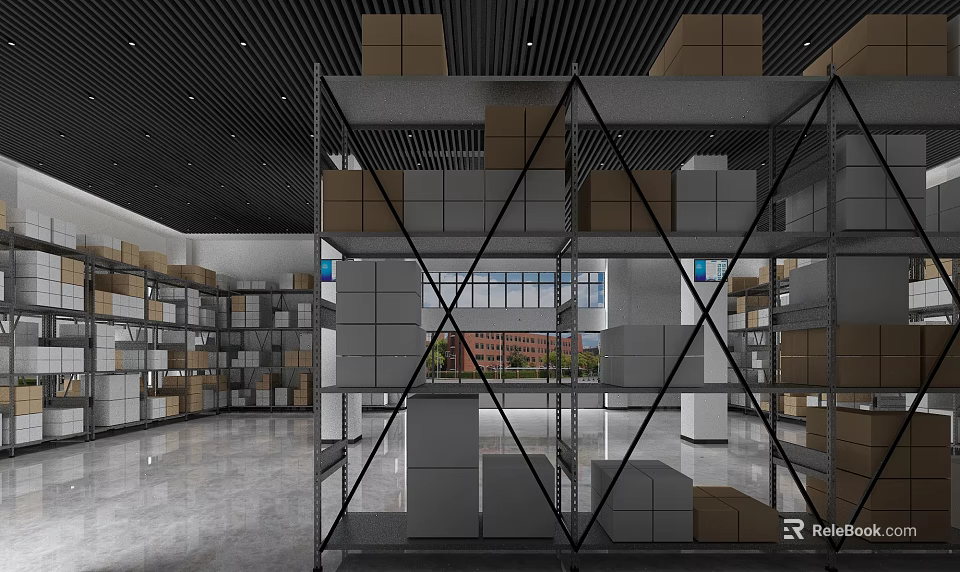 Warehouse Interior With Organized Metal Shelves And Stacked Gray Brown Boxes 3d model 