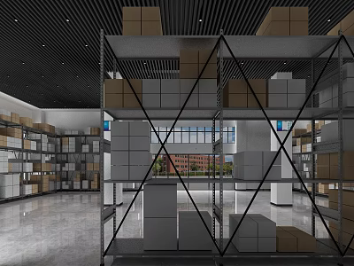 Warehouse Interior With Organized Metal Shelves And Stacked Gray Brown Boxes 3d model