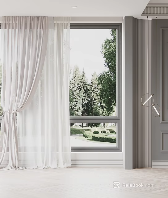 White Sheer Curtains For Window With Green Trees And Lawn View In Modern Room 3d model 