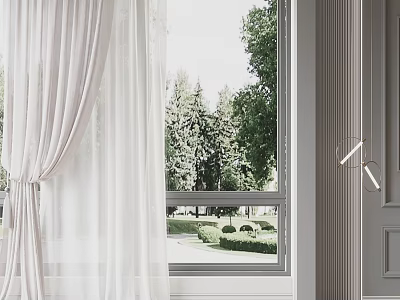 White Sheer Curtains For Window With Green Trees And Lawn View In Modern Room 3d model