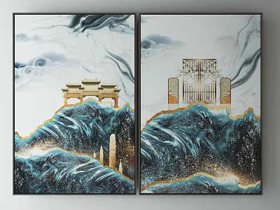 Two Panel Chinese Decorative Paintings With Pavilion Gate Waves And Gold Accents 3d model