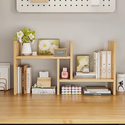 Wooden Living Room Storage Shelf With Books Vases And Decorative Display Items 3d model
