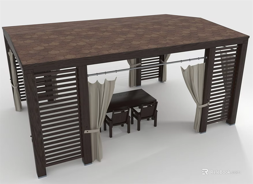 Wooden Pergola With Brown Roof Louvered Sides And Beige Curtains Over Table Chairs 3d model 