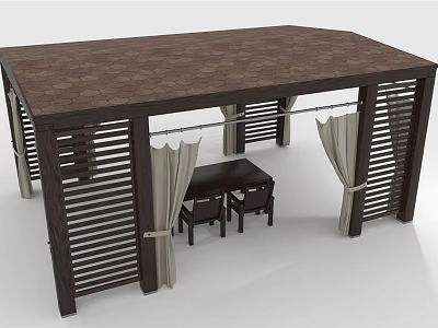 Wooden Pergola With Brown Roof Louvered Sides And Beige Curtains Over Table Chairs 3d model