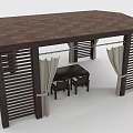 Wooden Pergola With Brown Roof Louvered Sides And Beige Curtains Over Table Chairs