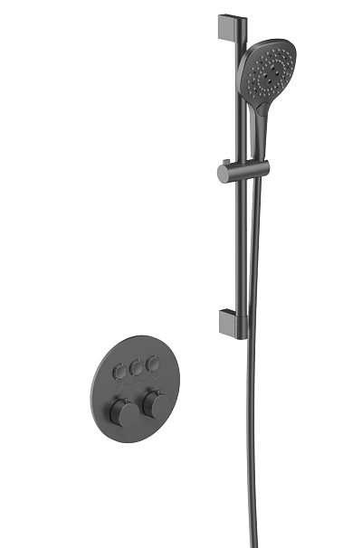 Modern Matte Black Shower Control Panel With Knobs And Handheld Holder 3d model