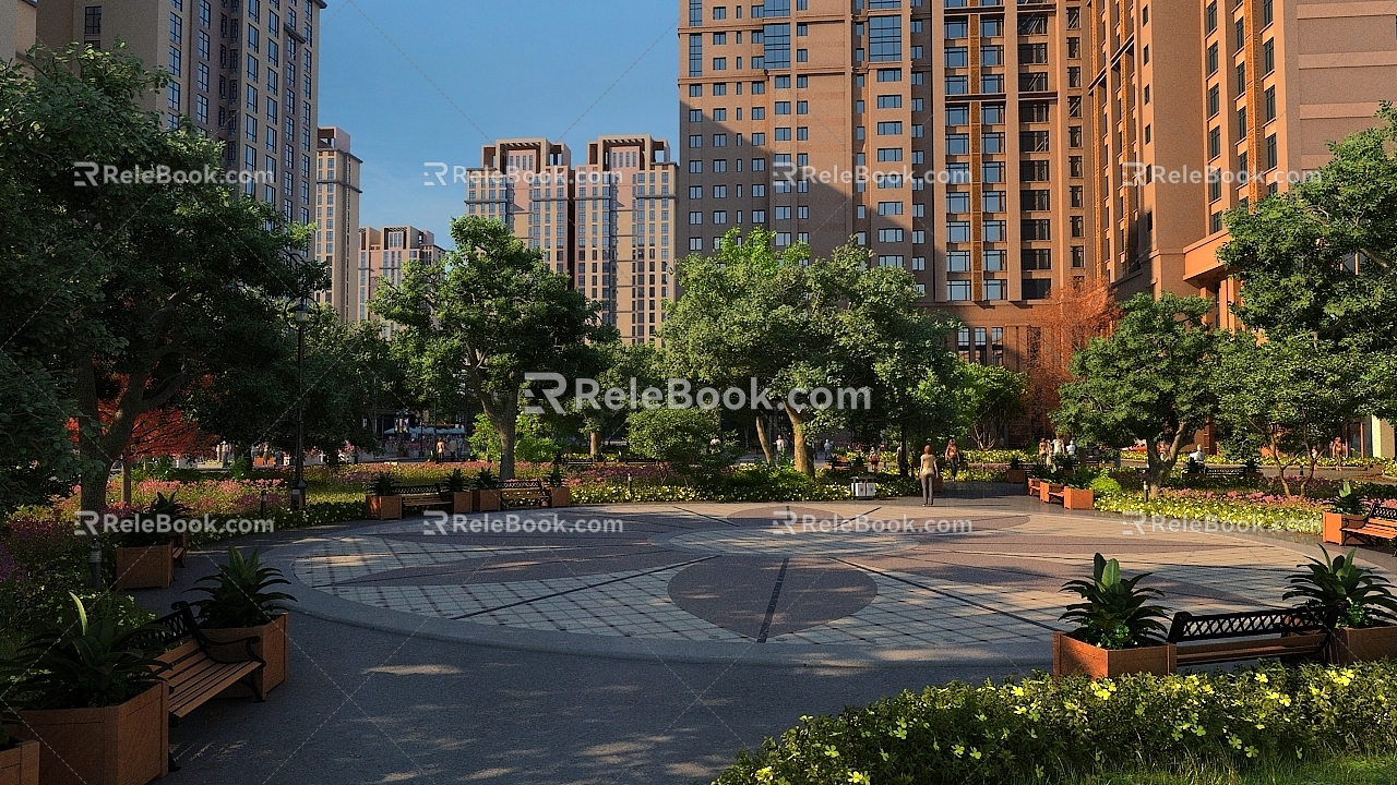 Realistic residential area landscape garden landscape sunshine lawn garden landscape plant residential building garden high-rise garden 3d model