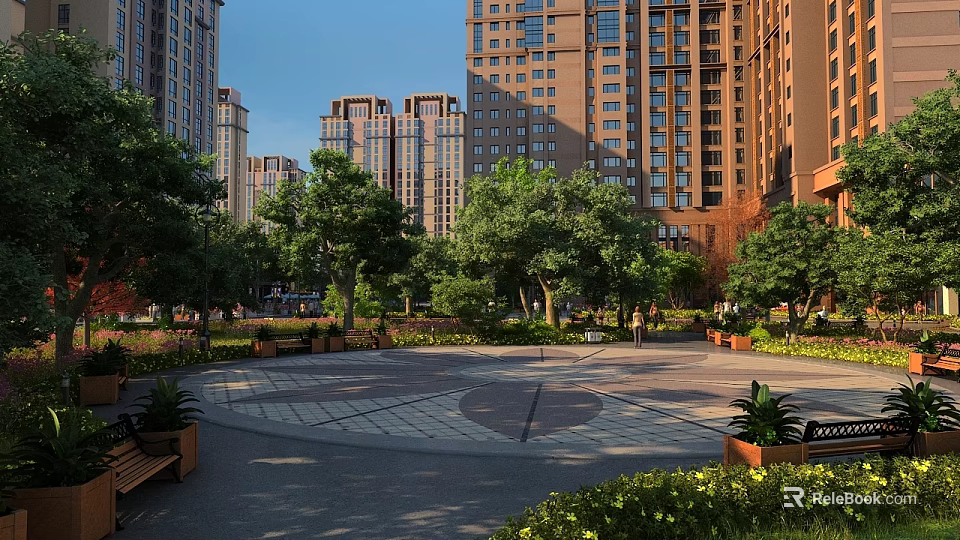 Modern High-Rise Residential Buildings Surrounded By Lush Trees And Open Courtyard With Benches 3d model 