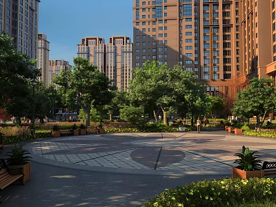 Modern High-Rise Residential Buildings Surrounded By Lush Trees And Open Courtyard With Benches 3d model