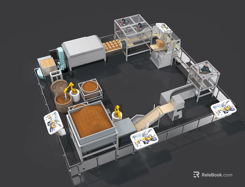 Industrial Equipment Production Line with Robotic Arms Conveyor Belts and Automated Processing Modules 3d model 
