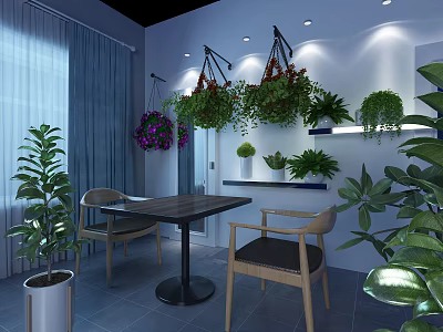 Bright Indoor Space With Hanging Wall Plants Wooden Table And Chairs Decor 3d model