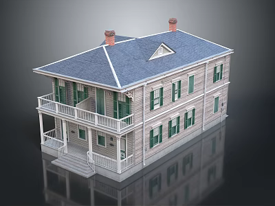 Two Story Detached House With Blue Roof Red Chimneys Light Gray Exterior And Green Shutters 3d model