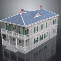 Two Story Detached House With Blue Roof Red Chimneys Light Gray Exterior And Green Shutters