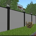Modern White Fence With Black Posts Top Lights And Green Grass Trees