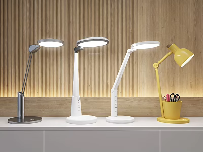 Stylish Desk Lamps In Various Colors With Adjustable Arms On White Table Against Wooden Wall 3d model