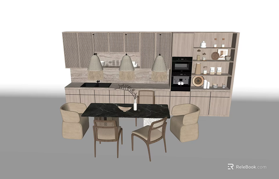 Modern Dining Table Set With Kitchen Cabinets Pendant Lights And Black Countertop 3d model 