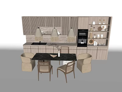 Modern Dining Table Set With Kitchen Cabinets Pendant Lights And Black Countertop 3d model