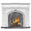 Elegant White Carved Fireplace With Marble Interior And Burning Firewood Flames