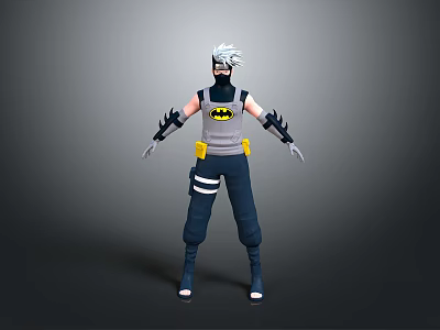 Silver Haired Ninja Character With Batman Logo Vest Dark Blue Pants And Wrist Guards 3d model