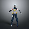 Silver Haired Ninja Character With Batman Logo Vest Dark Blue Pants And Wrist Guards