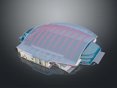 Modern Large Venue Architectural Design With Unique Red Striped Roof And Glass Facade 3d model