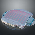 Modern Large Venue Architectural Design With Unique Red Striped Roof And Glass Facade