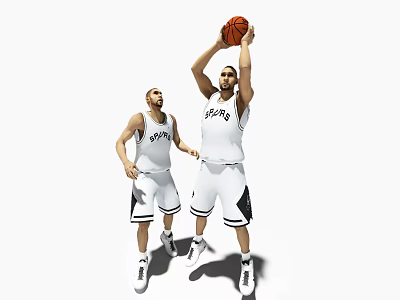 Men wearing white Spurs basketball jerseys with one shooting ball and another standing nearby 3d model