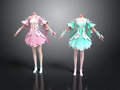 Anime Character Dresses With Pink And Light Green Layered Skirts White Stockings And Shoes 3d model