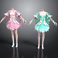 Anime Character Dresses With Pink And Light Green Layered Skirts White Stockings And Shoes