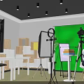 Public Office Space With Green Screen Lighting Equipment Work Tables And Seating