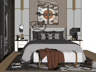 Modern background double bed wardrobe bedside background wall 3d model
