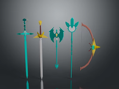 Colorful Fantasy Style Weapons Collection With Swords Bow Staff And Decorative Designs 3d model