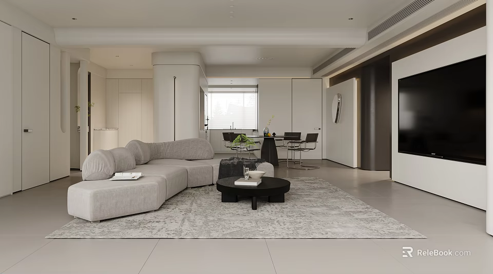 Modern Living and Dining Room Interior With L shaped Sofa Coffee Table And Dining Set 3d model 