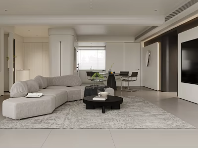 Modern Living and Dining Room Interior With L shaped Sofa Coffee Table And Dining Set 3d model