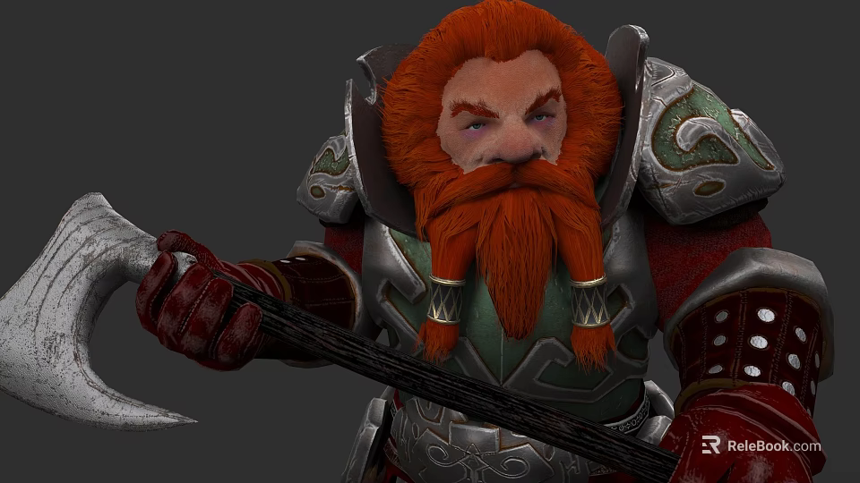 Red Haired Bearded Dwarf Warrior Wearing Ornate Armor Holding Battle Axe 3d model 