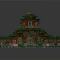 Cartoon Scene Featuring Chinese Traditional Multi Story Building With Green Roofs Red Walls And Decorations