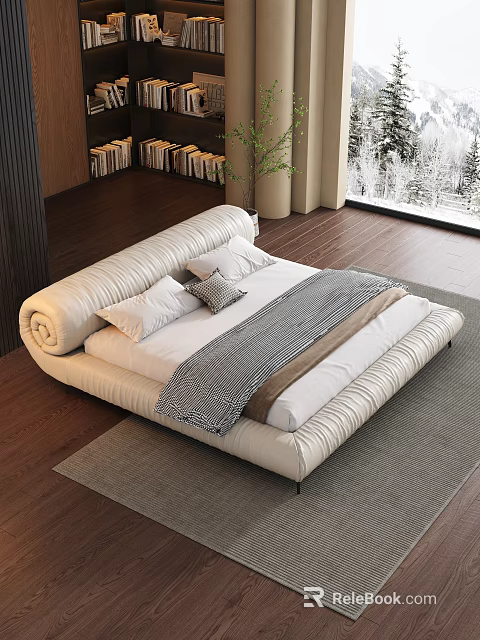 Modern White Leather Double Bed with Curved Headboard Soft Pillows and Snowy Window View 3d model 