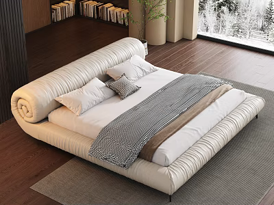 Modern White Leather Double Bed with Curved Headboard Soft Pillows and Snowy Window View 3d model