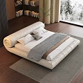 Modern White Leather Double Bed with Curved Headboard Soft Pillows and Snowy Window View