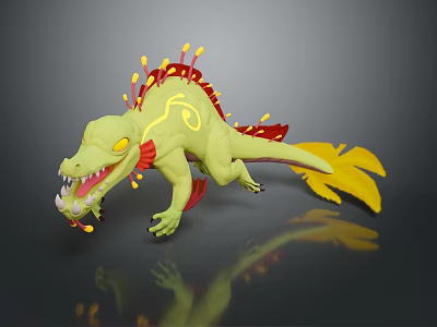 3D Green Mythical Lizard Creature With Yellow Spikes Red Accents And Leaf Shaped Tail 3d model