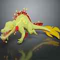 3D Green Mythical Lizard Creature With Yellow Spikes Red Accents And Leaf Shaped Tail