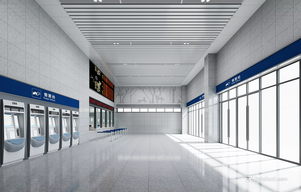 Modern Spacious Station Interior With Glass Doors Blue Signs Gray Floor And Strip Lights 3d model 