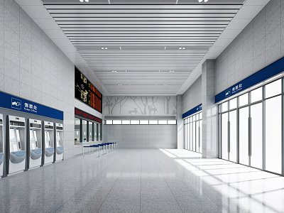 Modern Spacious Station Interior With Glass Doors Blue Signs Gray Floor And Strip Lights 3d model