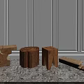 Rustic Wooden Stools With Various Designs Against White Wall On Marble Floor 3d model